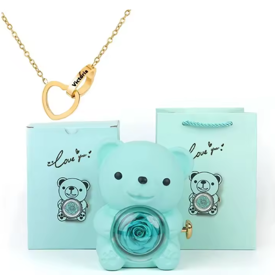 Ours à Rose Éternelle & Collier Personnalisé