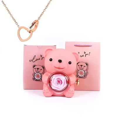 Ours à Rose Éternelle & Collier Personnalisé