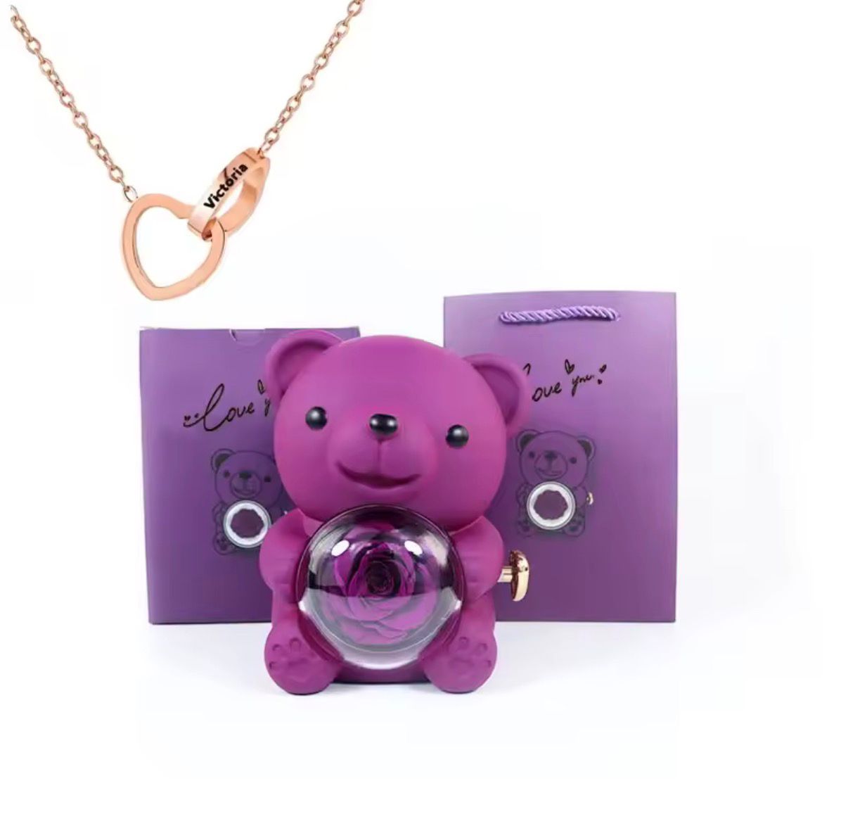 Ours à Rose Éternelle & Collier Personnalisé